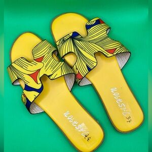 Yellow Patterned Slide Mules with Cutout Upper